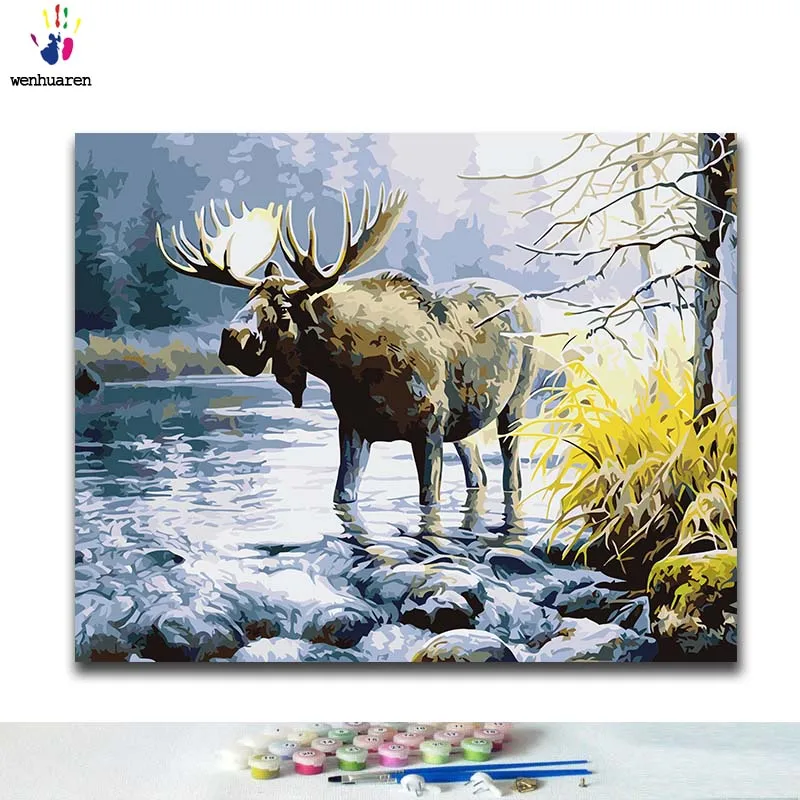 

DIY Coloring paint by numbers Cow in the water paintings by numbers with kits 40x50 framed