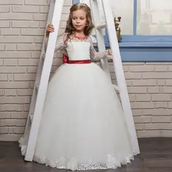 Платье для дня рождения красным поясом бисером Платья для младенцев принцессы с длинными рукавами белого цвета Первое причастие платья