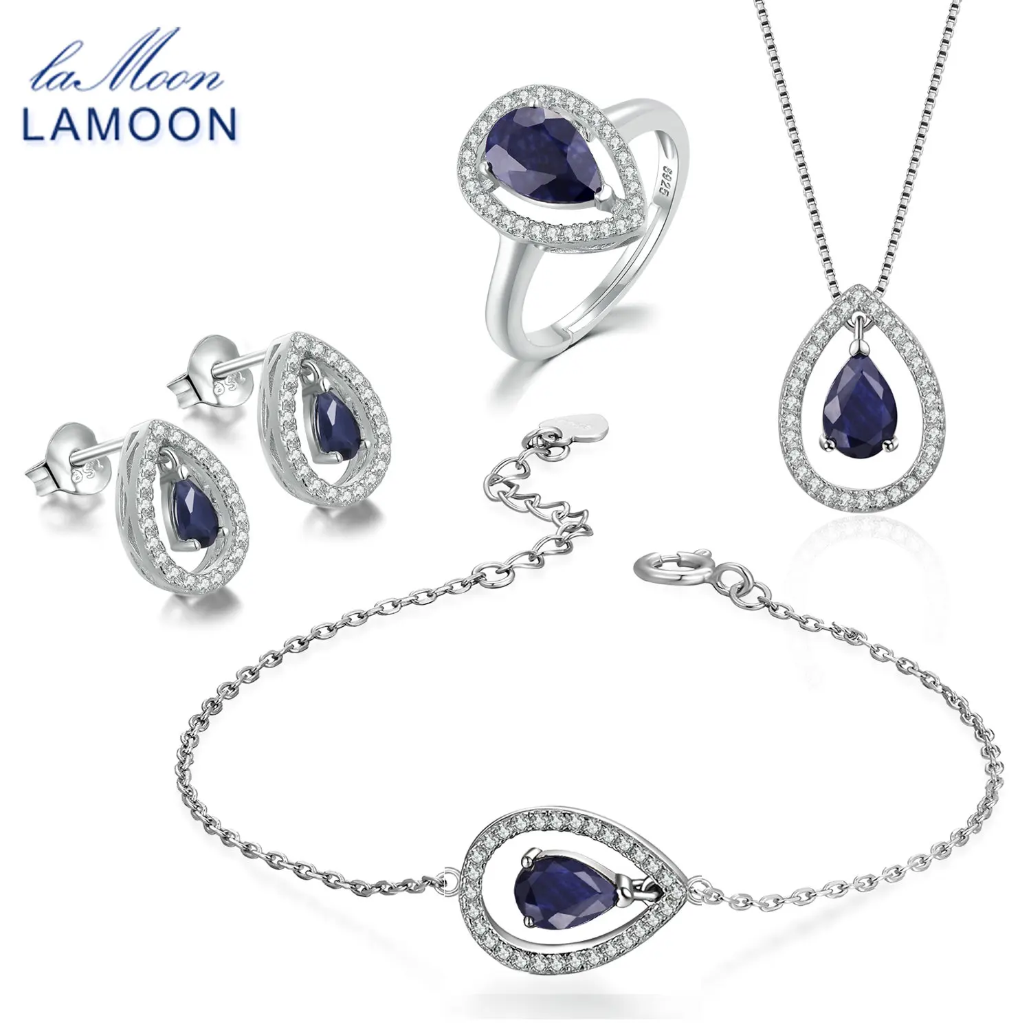 LAMOON x5мм слеза настоящий синий сапфир 925 пробы-серебро-ювелирный набор с короной S925 для женщин V040-1