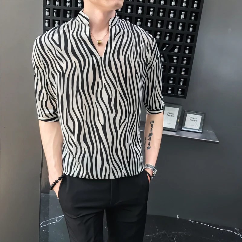 

men shirt Leopard pattern irregular pattern Pullover middle sleeve loose short sleeve blouse A236-203-P50