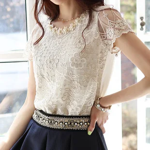

Female Summer Plus Size O-neck Short Sleeve Hedging Chiffon Blouse Woman Loose Lace Splice Beaded Thin Soft Chiffon Shirts