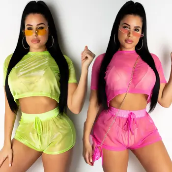 

2pcs Set Womens Summer Short Sleeves Bodycon Club Hollow Mesh Crop Top Casual Jumpsuit Playsuits Sexy Clubwear