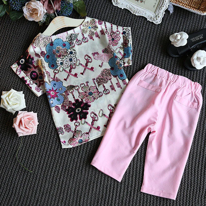 2 3 4 5 6 7 8 سنة الفتيات الملابس 2019 جديد الربيع الصيف الاطفال الدعاوى للبنات زهرة تي شيرت الوردي السراويل ملابس الأطفال مجموعة