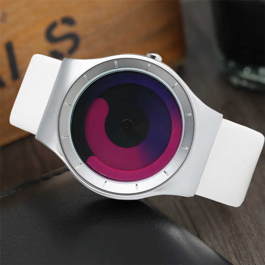 Fashion Mens Watch Leather Analog Quartz Sport Wristwatch Creative Cool Blue Ocean Steel Clock Relogio Masculino Spiral Turntable Swirl Hour Clock Female (66)