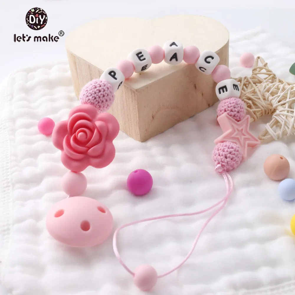 

Let's Make 1pc Baby Teether Pink Rose Pacifier Chain Crochet Beads Food Grade Silicone Teether Baby Nurse Products Teething Toys