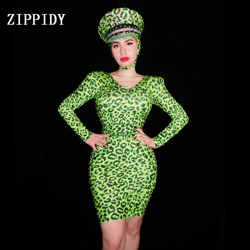 

Sexy Green Leopard Spandex Stretch Dress Party Women Singer Nightclub Dance Outfit One-piece Skinny Dress