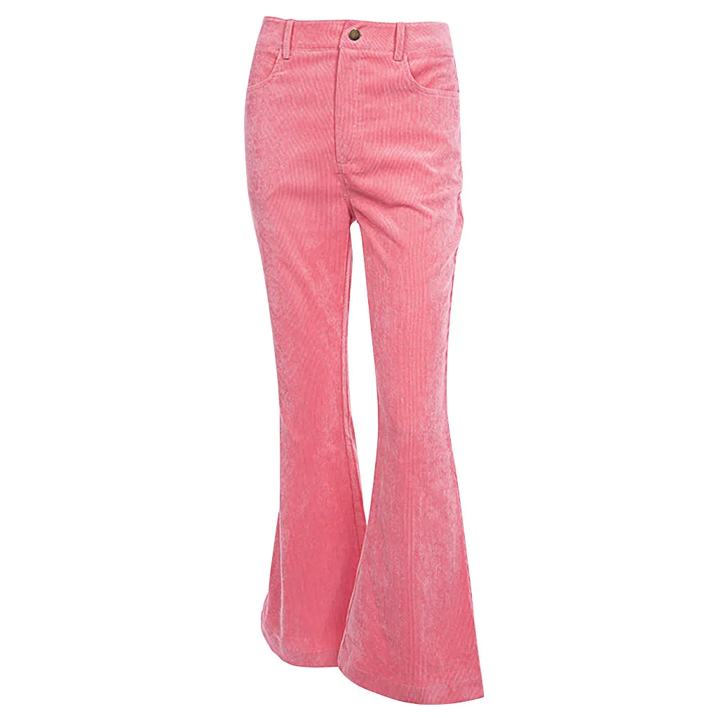 Брюки женские Модные женские повседневные однотонные розовая Вельветовая расклешенные Модные Простые облегающие брюки с высокой талией - Цвет: Розовый