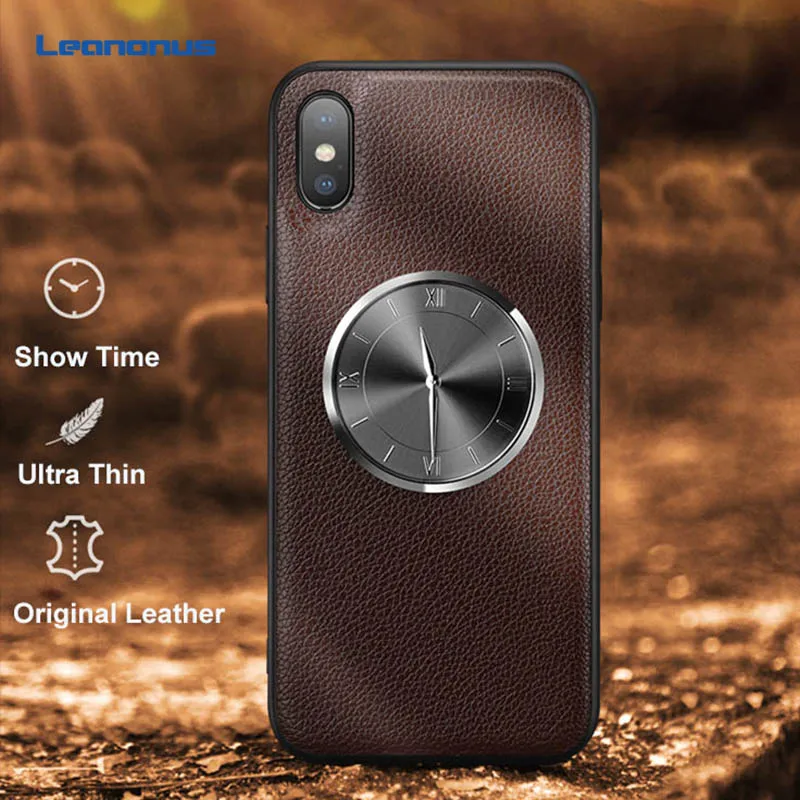 

Watching Time Metal Clock Case For iPhone 7 X 8 Plus Case Luxury Litchi Grain Leather Cover for iPhone XS Max XR Phone Fundas