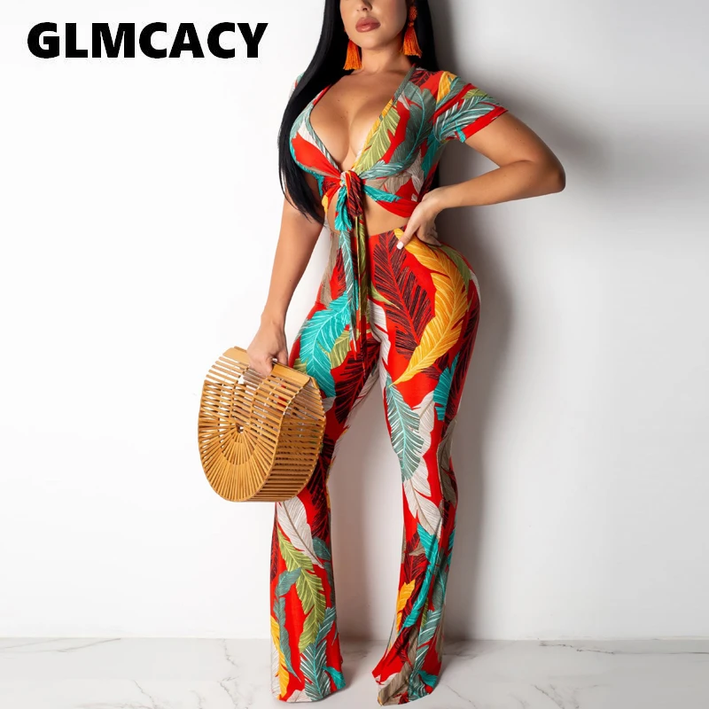 

Women Summer 2 Pieces Outfits Tropical Printed Tie Front Crop Top and Wide Leg Pants Short Sleeve Sexy V Neck Boho Beachwear