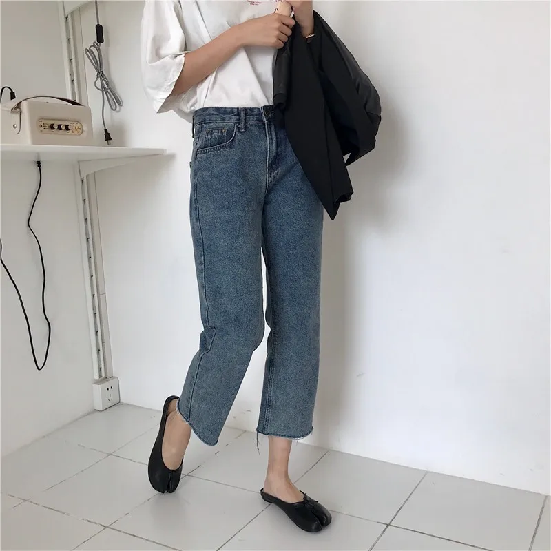 Джинсы женские винтажные однотонные до щиколотки потертые джинсовые Карманные женские универсальные простые для отдыха модные шикарные корейские стильные студенческие Новые
