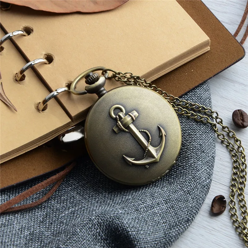 

Relogio Retro Bronze Quartz Pocket Watch steampunk Clock Watches with Anchor Sculpture Necklace watch Mens Womens Christmas Gift