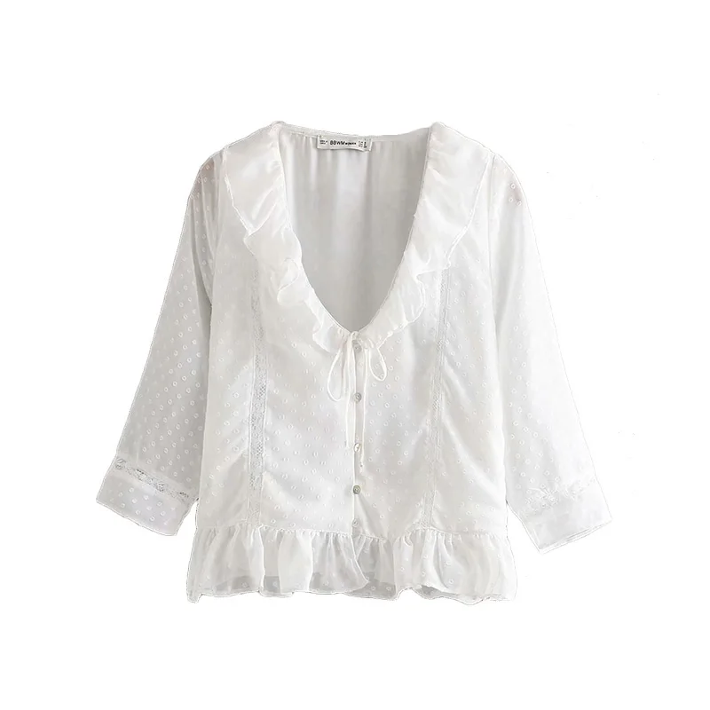 

Women Buckle Chiffon Shirt Spring Fashion Female Sweet Solid V-Neck Embroidered Shirts Loose Ruffles Ladies Tops Shirt