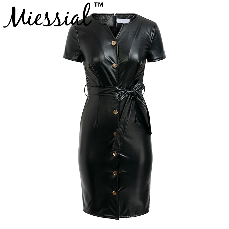 Miessial, сексуальное черное облегающее платье из искусственной кожи, женское осеннее платье на пуговицах со шнуровкой и поясом, женские элегантные вечерние короткое Клубное платье на зиму - Цвет: Черный