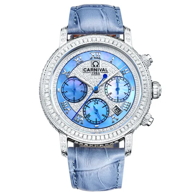 كرنفال سيدات الأعمال الثلاثي نافذة جلدية الطلب مربط الساعة 10Bar للماء سيدة التلقائي الذاتي الرياح الميكانيكية ووتش