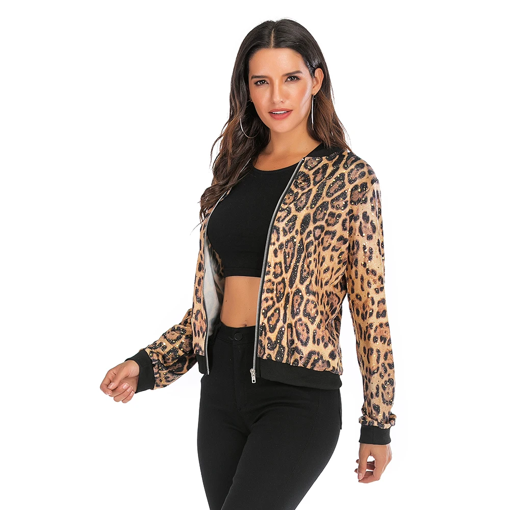 astounding Leopard Gold Stamping Bomber Jacket Women Summer Plus Size Zipper Long Sleeve Coat Female 2019 Shor