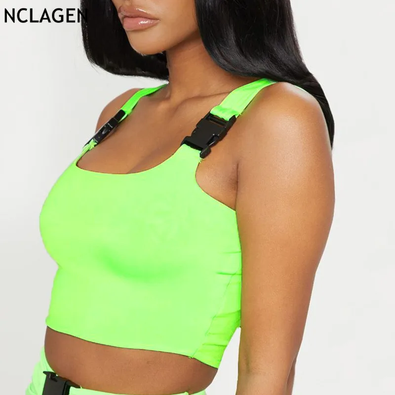 

NCLAGEN 2019 Fashion Neon Green Buckles Crop Tank Top Streetwear Ultra Short Fluorescent Color Fitness Vest Girls GYMs Camis
