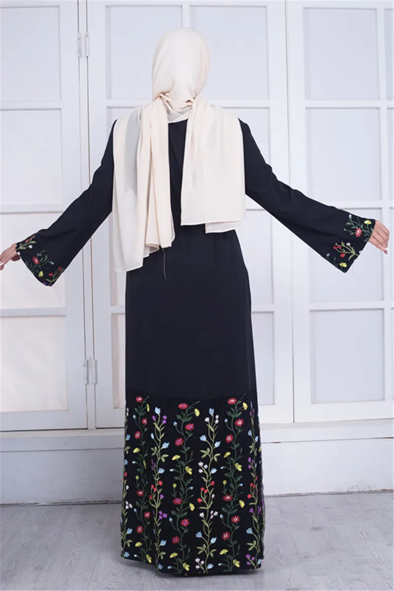 Черная Абая для женщин Исламская одежда хиджаб цветы Вышивка мусульманское Макси платье Бангладеш Кафтан Дубай, Турция длинное платье