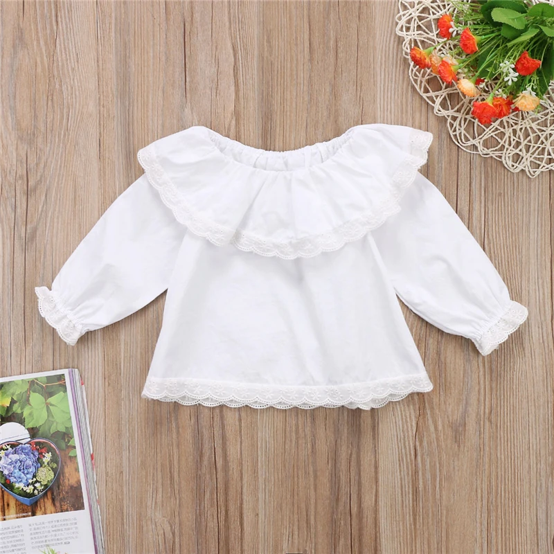 Милая Одежда для девочек топы с длинными рукавами и кружевом с открытыми плечами и листьями лотоса для новорожденных девочек, футболки, одежда белая одежда От 0 до 2 лет