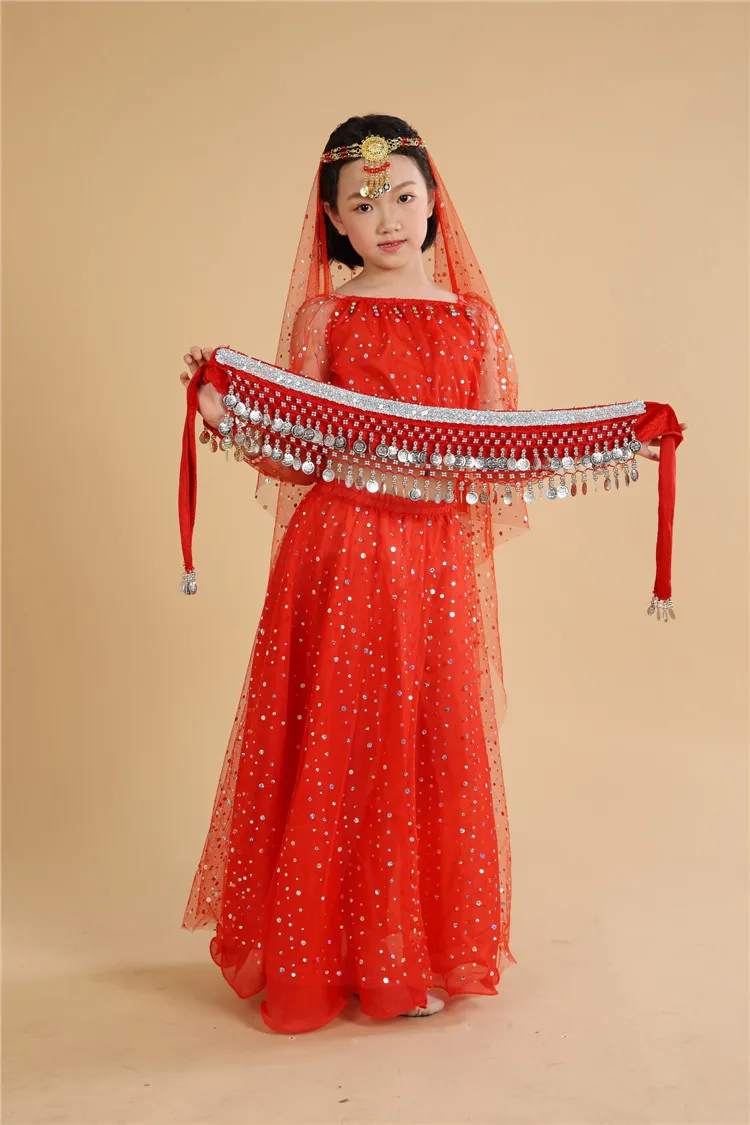 Детская одежда для индийских танцев, костюм из 5 предметов для девочек, комплект(топ, платье, вуаль, цепочка на талии и браслет), Танцевальные Костюмы Болливуда