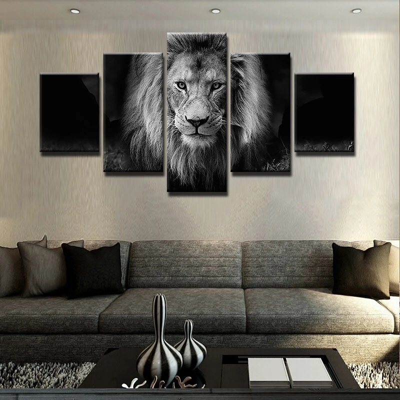 Modern 5 Panel Black and White Animal Lion Canvas Wall Art Picture for