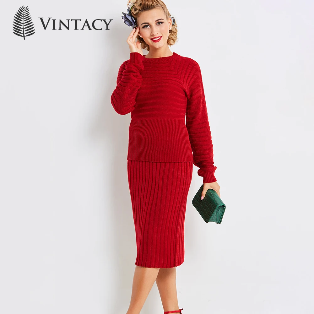 Autumn Women Retro Sweater Dresses Red Bodycon Sheath Casual Female