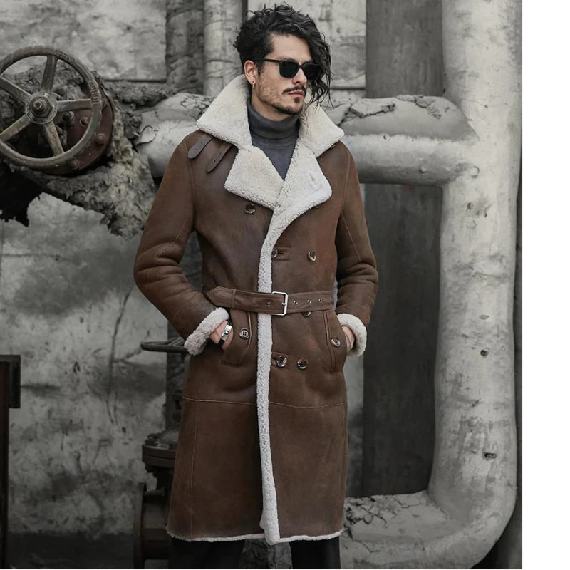 Military Style Men's Shearling Coat Luxury X-Long  Men's Fur Parka Imports Wool From Australia Sheepskin Jacket Brown