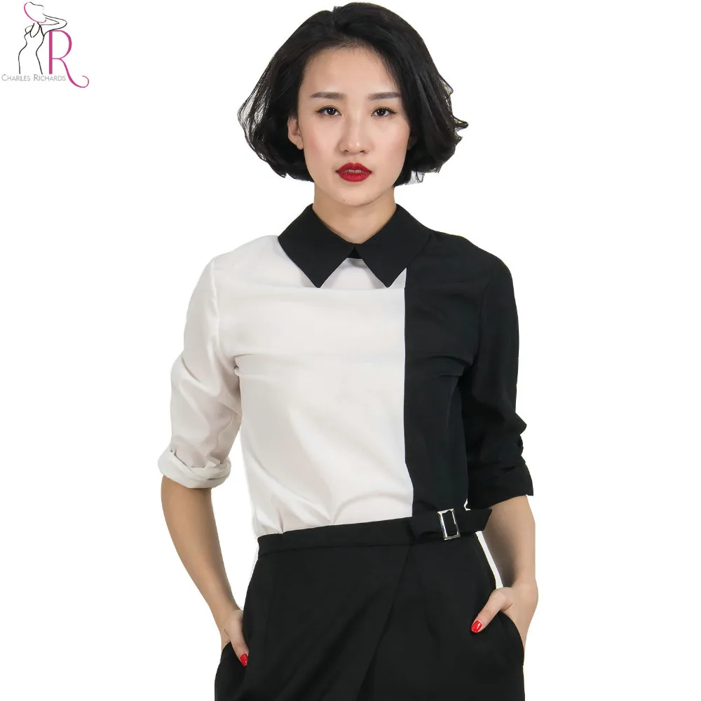 White Black Contrast Long Sleeve Turn Down Shirt Collared