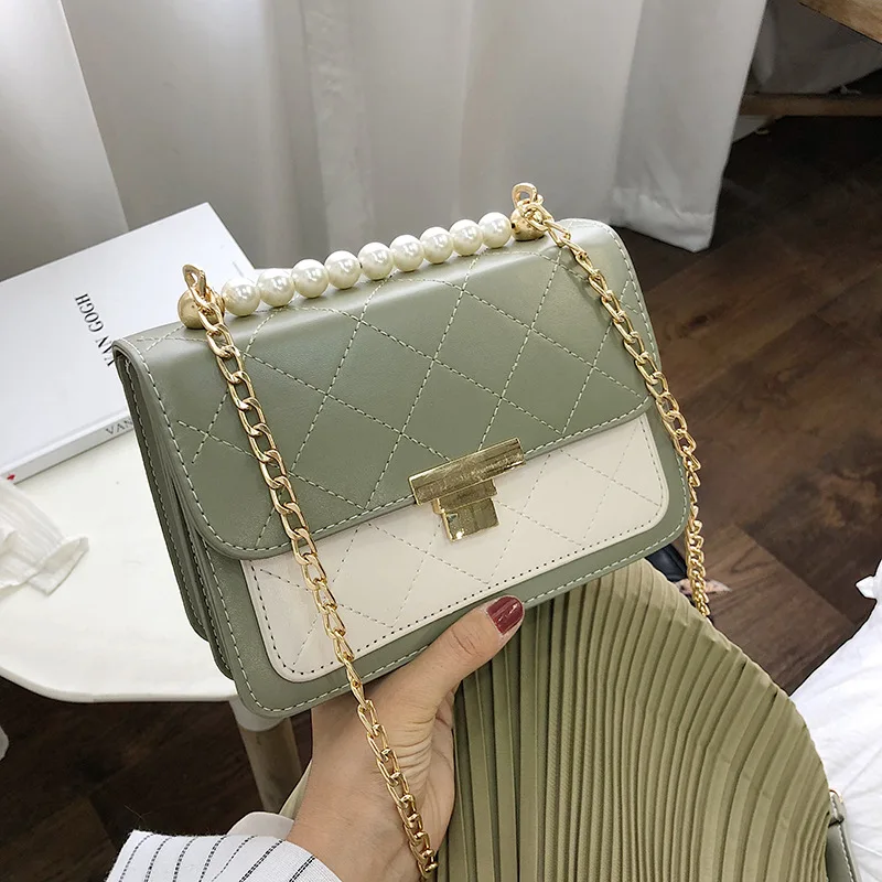 

Pearl Organ Small Flap Bag Hit Color Chain Shoulder Bag PU Leather Ladies Messenger Bags Fashion Women Banquet Clutch Phone Bags