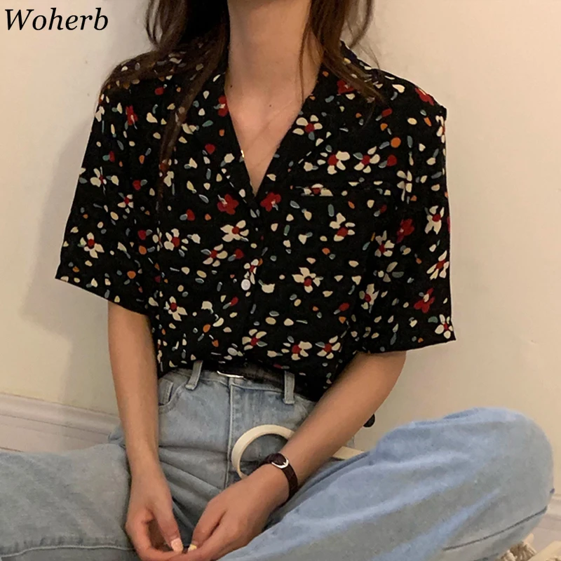 Woherb/Винтажные рубашки с цветочным принтом, женские блузки и топы в Корейском стиле, свободные блузки для девочек, студенческие Блузы с v-образным вырезом, женская шифоновая блуза Mujer 39615