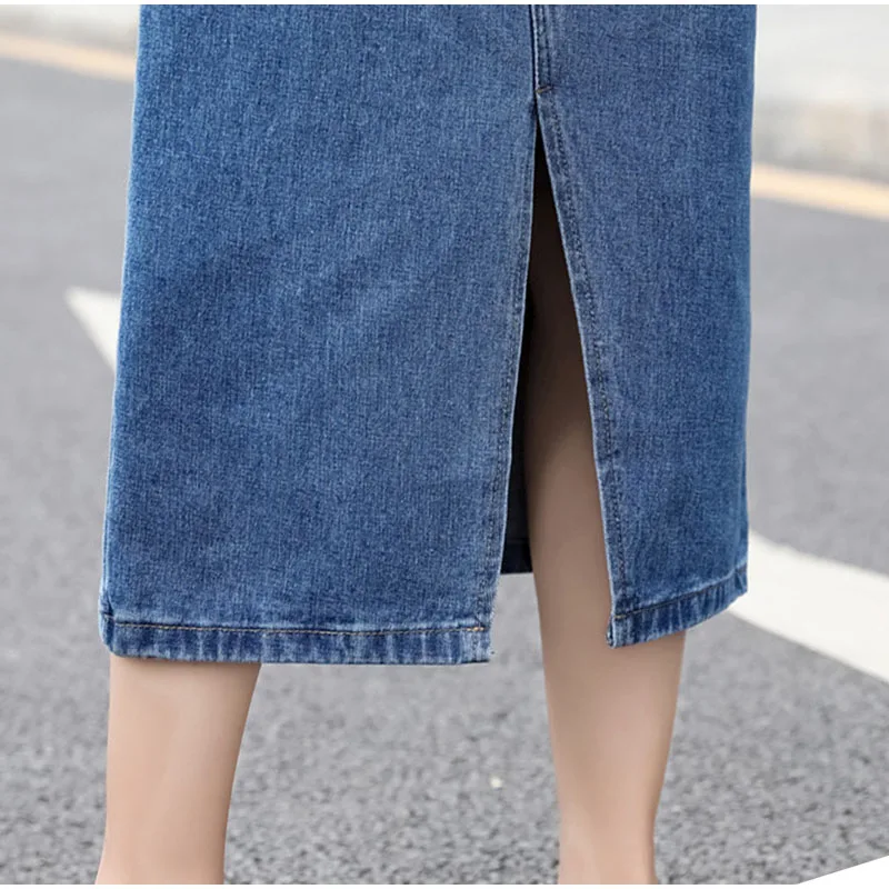 Женские прямые джинсовые юбки с разрезом спереди больших размеров 5Xl 7Xl весенние летние джинсовые юбки средней длины до середины икры джинсы для мам