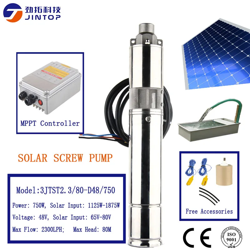 

(MODEL 3JTST2.3/80-D48/750) JINTOP SOLAR DC BRUSHLESS SUBMERSIBLE PUMP dc brushless screw solar pump max flow80m lift water pond