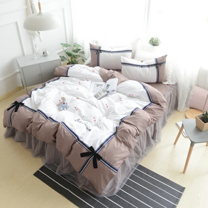 cheap Princess style cotton Duvet covers set,white bedding set,Double single duvet covers Twin Queen King size,bed skirt