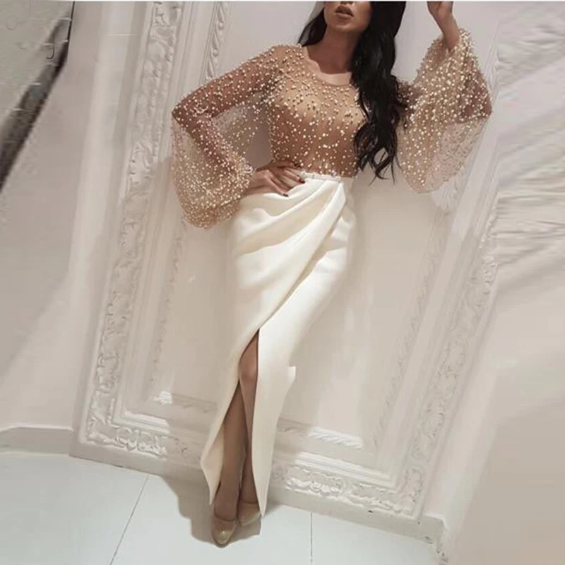 Elegant Evening Dress Long Sleeves 2019 Mermaid Pearls High Slit Saudi Arabic Women Formal Prom Party Gown Robe De Soiree