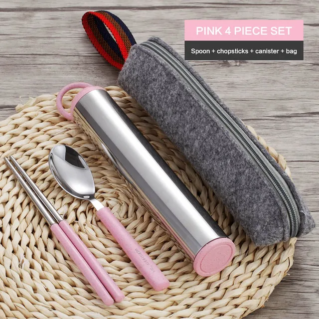 WORTHBUY Creative Portable Travel Dinnerware Set 304 Stainless Steel Tableware Set With Wheat