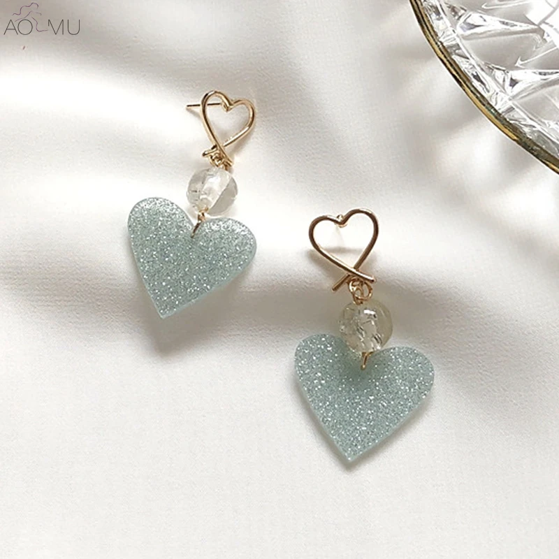 

AOMU 2019 New Sweet Shining Love Heart Geometric Light Green Metal Dangle Earrings for Women Girl Party Jewelry Brincos