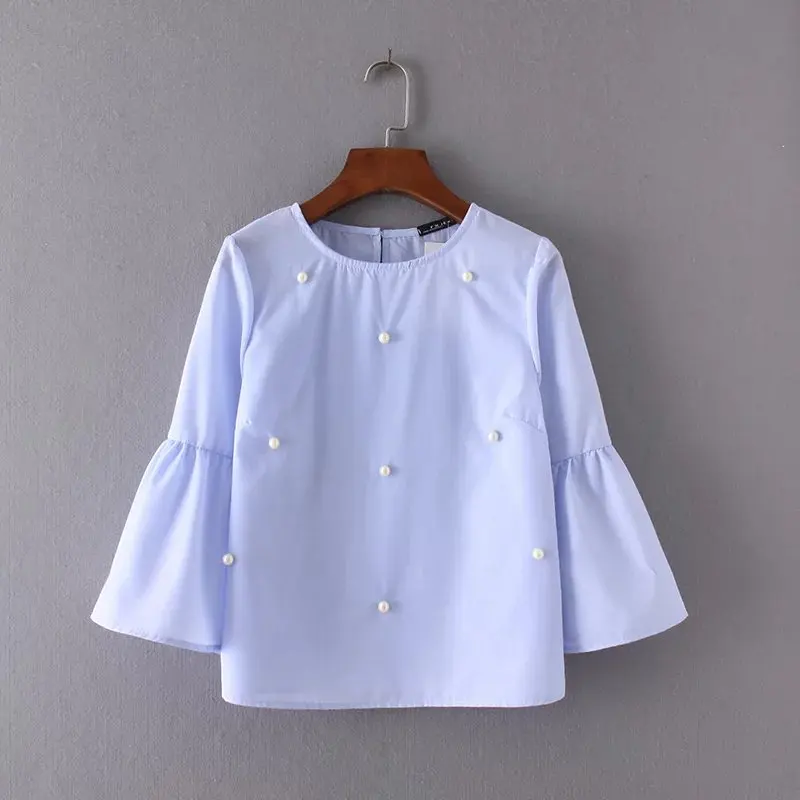 

2017 New Fashion Women Vintage Flare Sleeve Beading Decoration Blouses Shirts lady o neck pullover Feminine Blusas Tops LS1173