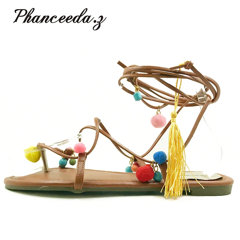 2017 Cute Furry Colorful Ball S Women Sandals Flat Lace Up Flip Flops Beach Gladiator Sandal
