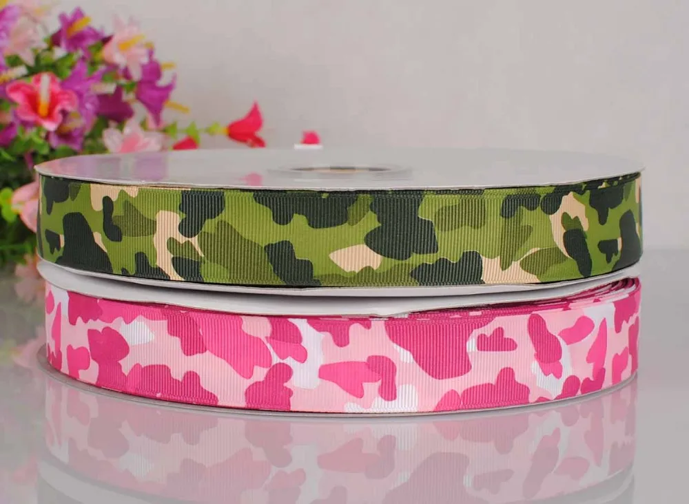 

free shipping 50 yards 1 " 25 mm camo pattern print grosgrain tape ribbon hair bow ribbon