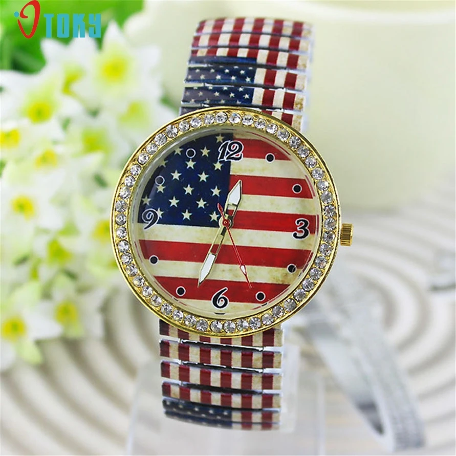 quartz wristwatches Newly Design Vintage USA Flag Printed Elasticity