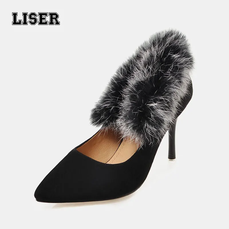 

Women's fashion winter pumps black suede fur heels 90mm thin high stiletto mature sexy style red dress shoes for office ladies