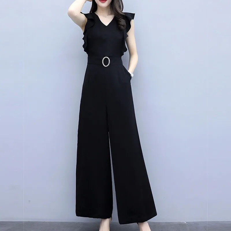 Elegant Office Lady Black Belted Wide Leg Jumpsuit Solid Women Summer Sexy Deep V Neck Jumpsuit Skinny Ruffle Jumpsuit One Piece Elegant Office Lady Black Belted Wide Leg Jumpsuit Solid Women Summer Sexy Deep V Neck Jumpsuit Skinny Ruffle Jumpsuit One Piece