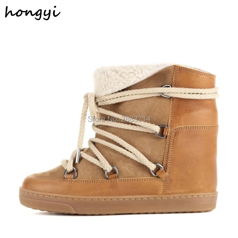 

Hidden Wedge Fur Winter Warm Snow Boots Shoes Round Toe Height Increasing Lace Up Ankle Boots Shoes Brown Black Platform Shoes