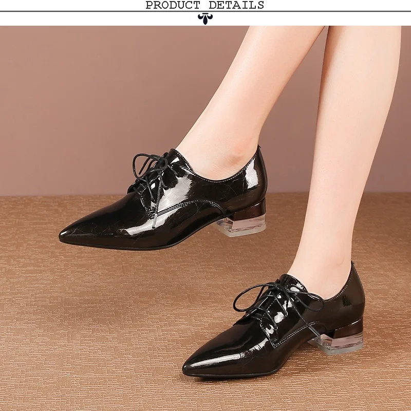 ZVQ woman shoes spring new concise casual patent leather pointed toe woman pumps outside mid heels cross-tied ladies shoes