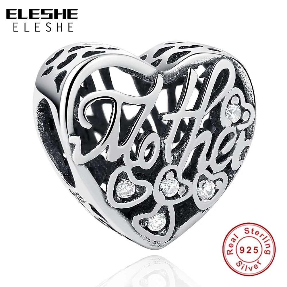 

ELESHE Mother's Day Gift 100% 925 Sterling Silver Openwork MOTHER HEART CHARM Beads fit Pandora Bracelets & Bangles DIY Jewelry