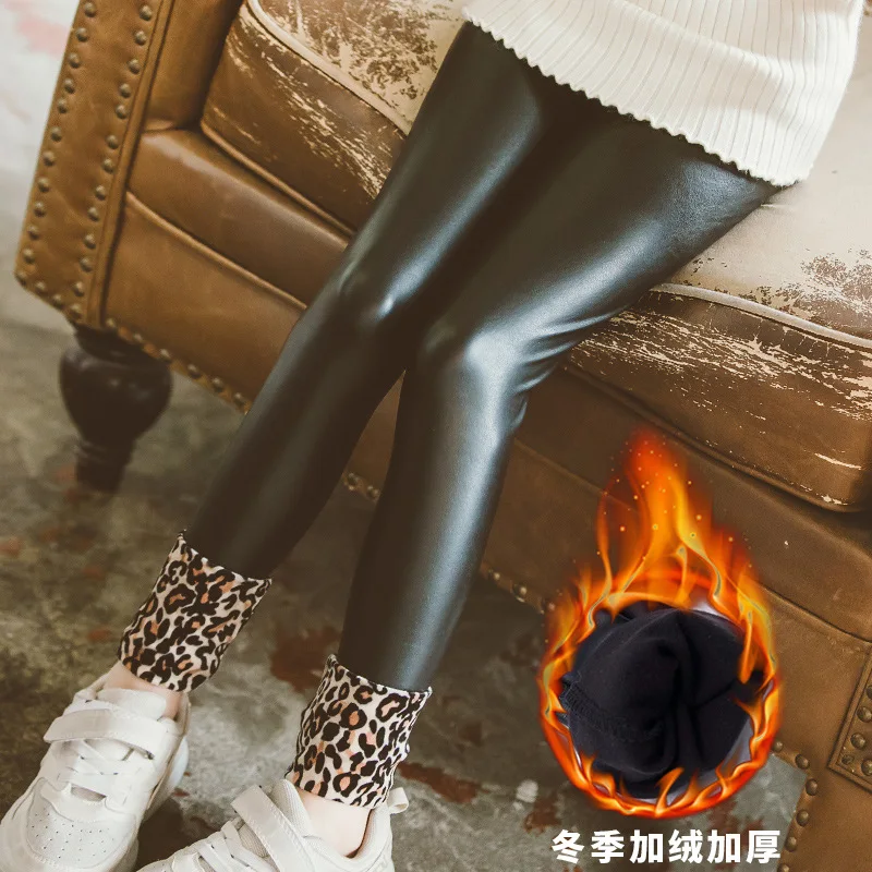 black faux leather leopard girls winter warm leggings 14 years old teenage fashion clothing children pants