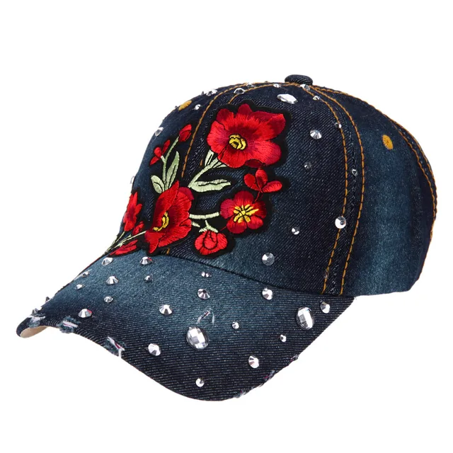 Rose Flower Baseball Cap Embroidery Rhinestone Floral Hats For Womens