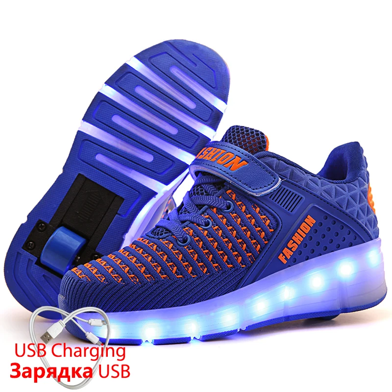 

USB Charging Luminous Sneakers with Roller and Glowing Blue Tenis Led Shoes Light Up Shoes for Kids Led Luminous Shoes