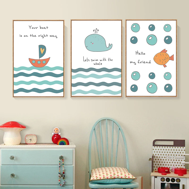 Nordic-Watercolor-Boat-Fish-Ocean-Cartoon-Animal-Whale-Cat-Canvas-Painting-Scandinavian-Wall-Picture-Kid-Room
