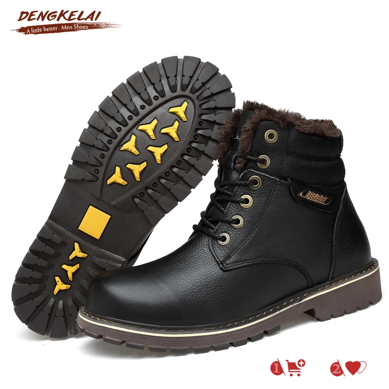 

DENGKELAI Men Winter Boots with Fur Warm Comfortable Quality Genuine Leather Outdoor Shoes Anti-skip Sole Ankle Snow Boot