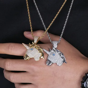 

Hip Hop Full AAA CZ Zircon Paved Bling Ice Out Unicorn Pendants Necklace For Men Rapper Jewelry Gold Silver Color Drop Shipping